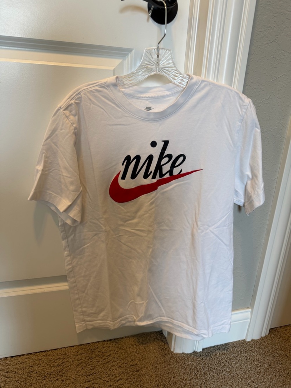 Nike White Short Sleeve Tee with Red Swoosh and Black Script